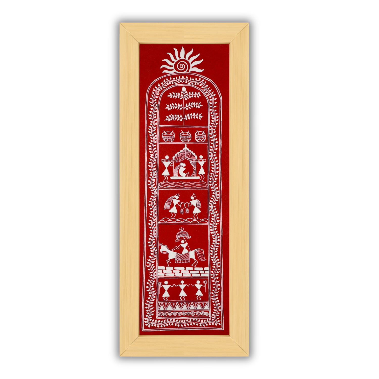 Handmade Warli painting with Wedding motif, framed for wall decor – traditional tribal folk art of India

