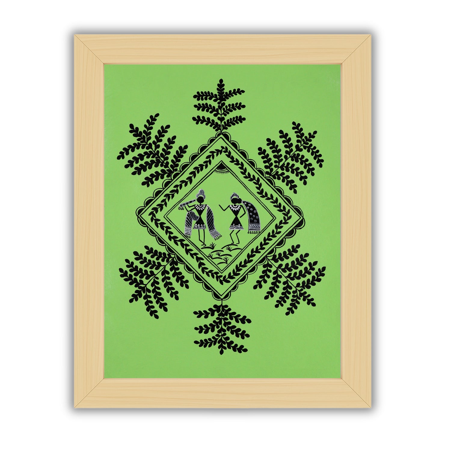 Handmade Warli Krishna and Radha Painting – 12x16 Inch Framed Tribal Art