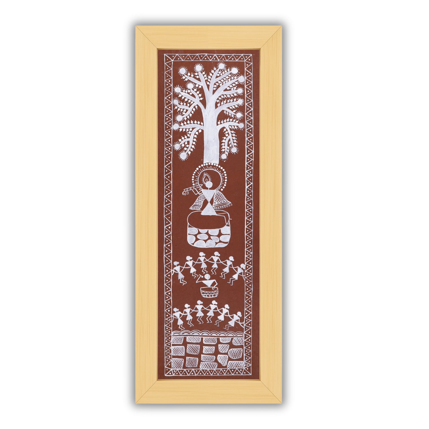 Handmade Warli painting with Krishna motif, framed for wall decor – traditional tribal folk art of India
