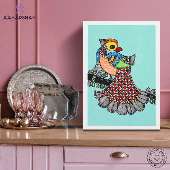 Side view of framed Madhubani artwork with acrylic glass and wooden frame
