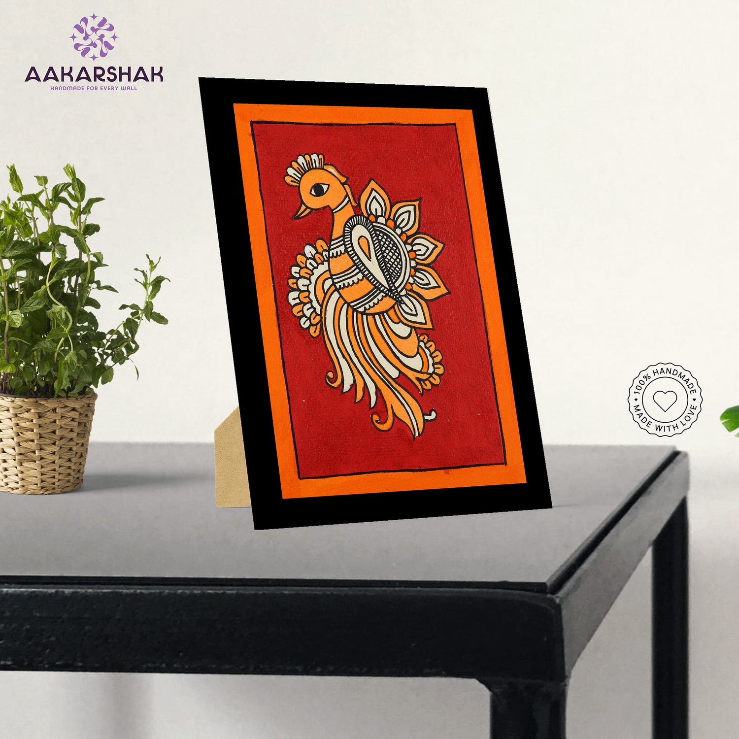Tabletop or wall-mounted Kalamkari art framed with acrylic glass and wooden finish
