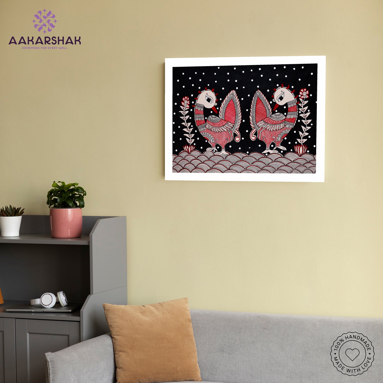 Kalamkari wall art displayed in living room – handcrafted Indian textile painting
