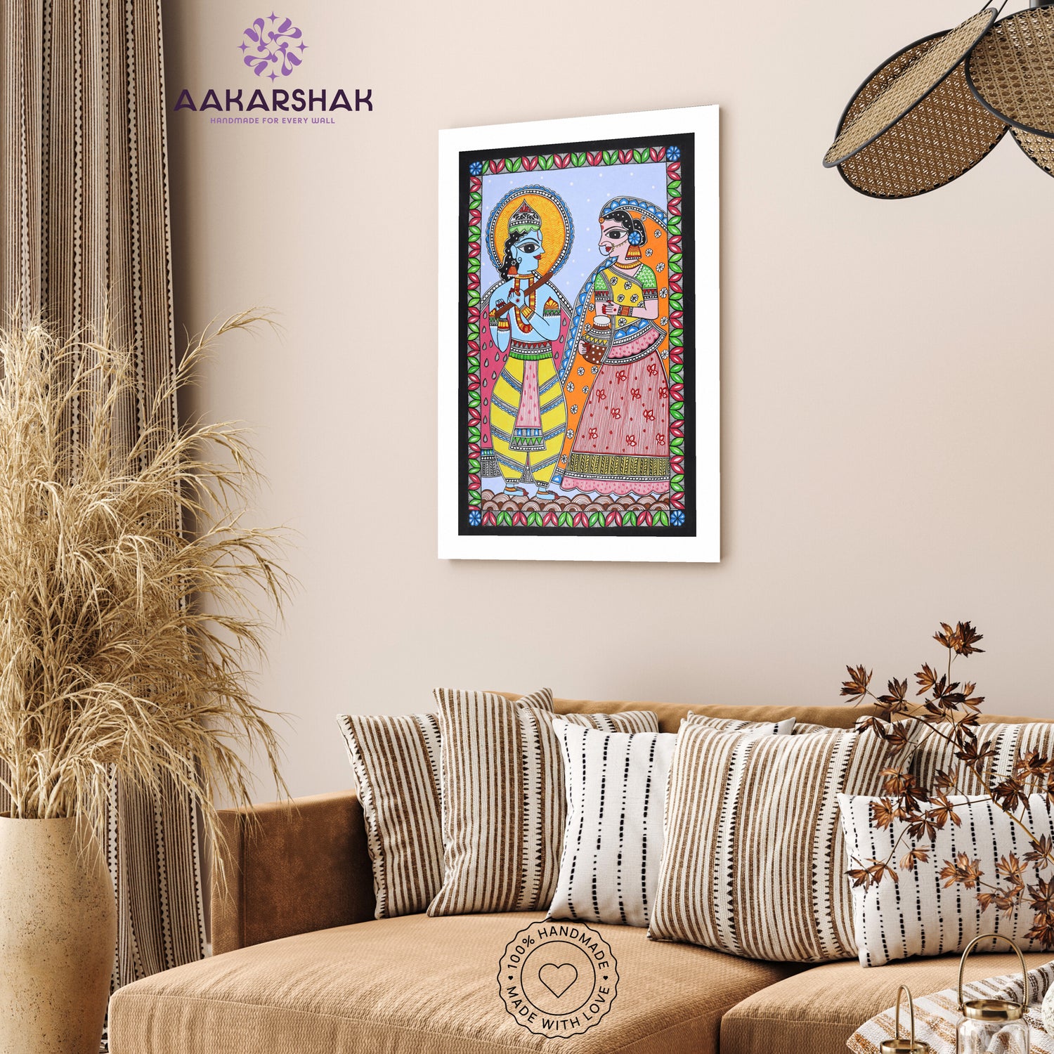 Side view of framed Madhubani artwork with acrylic glass and wooden frame
