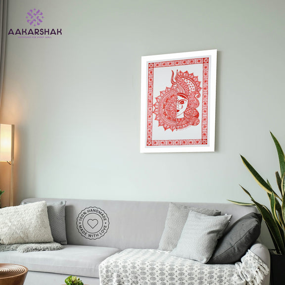 Traditional Indian wall painting displayed in modern home interior setting
