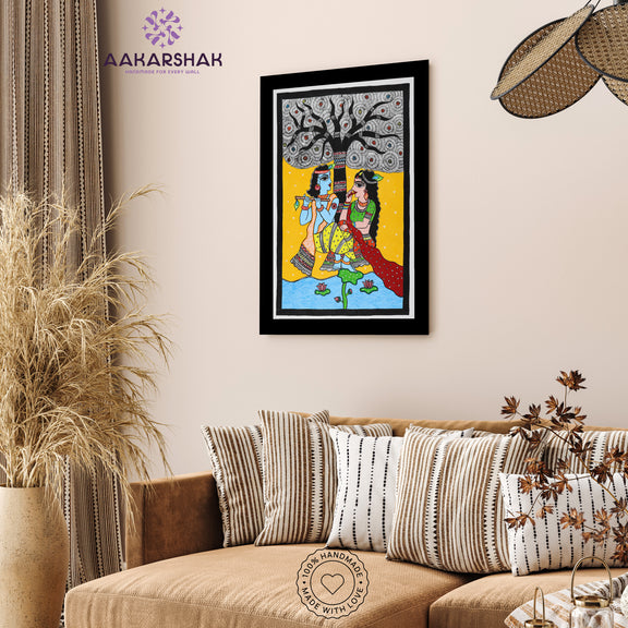 Traditional Indian wall painting displayed in modern home interior setting

