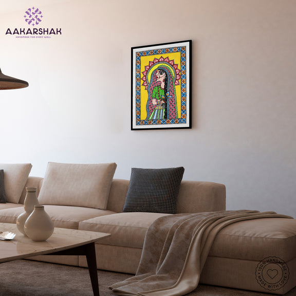 Traditional Indian wall painting displayed in modern home interior setting
