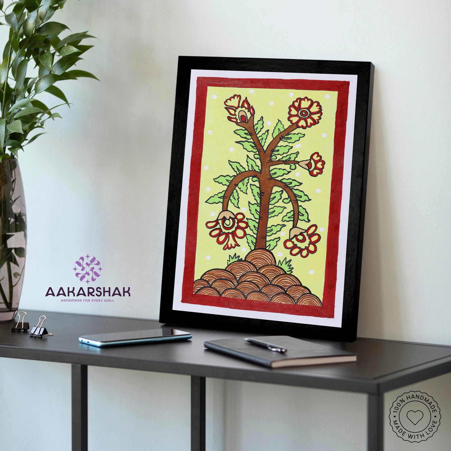 Kalamkari wall art displayed in living room – handcrafted Indian textile painting
